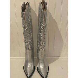 Steve Madden Kinzee Heeled Cowboy Boots Silver Metallic Pointed Toe Size 8